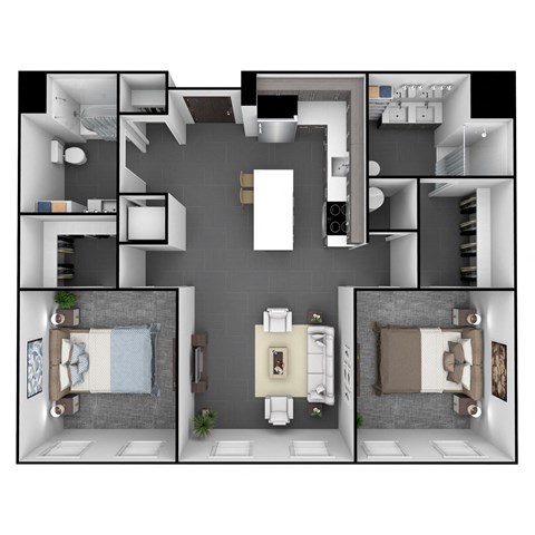 Floor plan for 2 beds, 2 baths, 1049 sqft